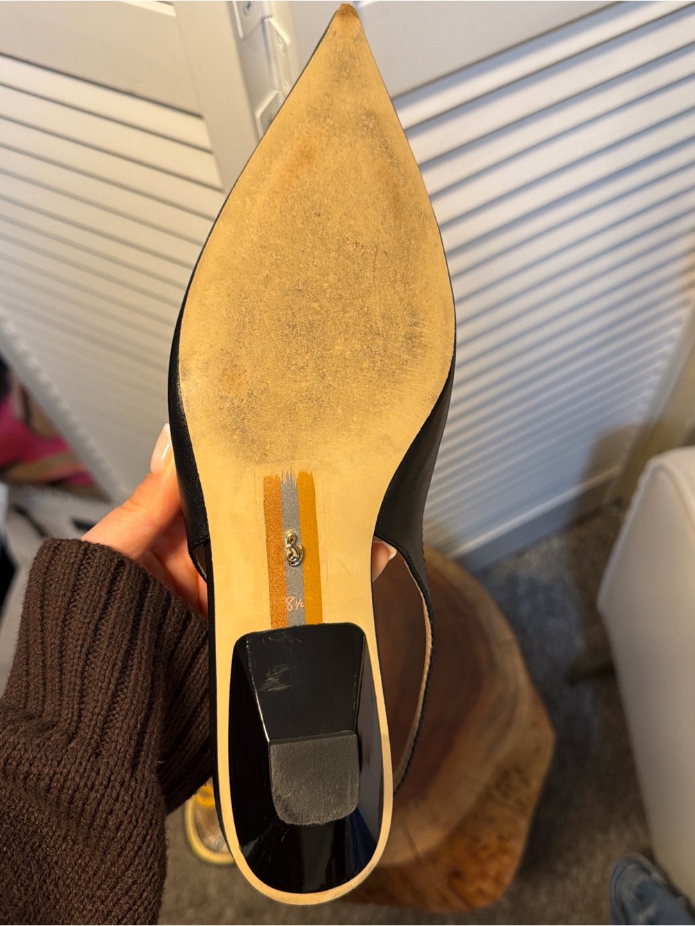 Black Leather Pointed Slingback Flat with Gold Hardware - Picture 5 of 8